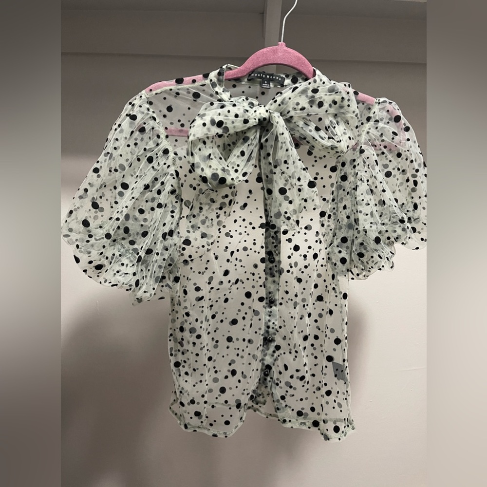 Polkadot see through bow tie blouse
